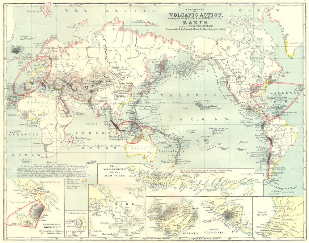 VOLCANOES. World. Italy; Santorini; Greece; Iceland; Guatemala; Quito 1881 map