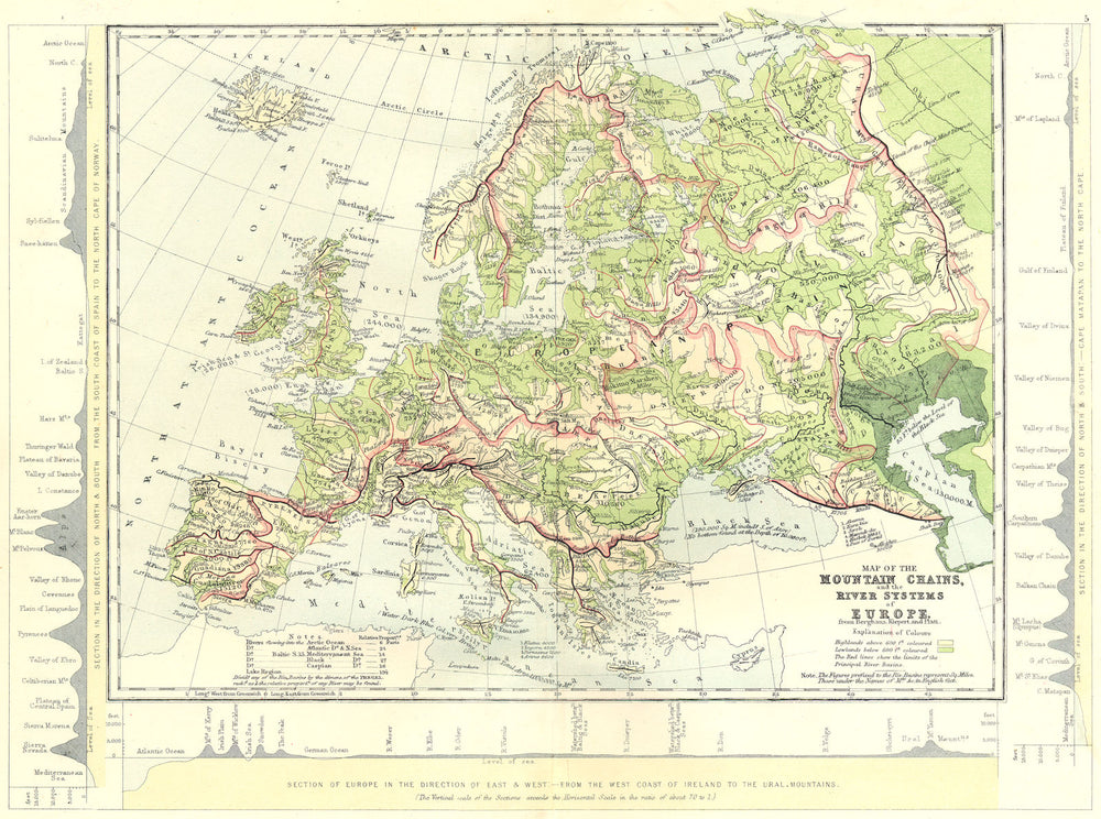 EUROPE. Map of the Mountain Chains and the River systems of Europe 1881