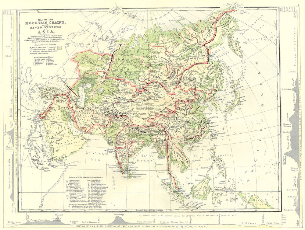 ASIA. Map of the Mountain Chains and the River systems of Asia 1881 old