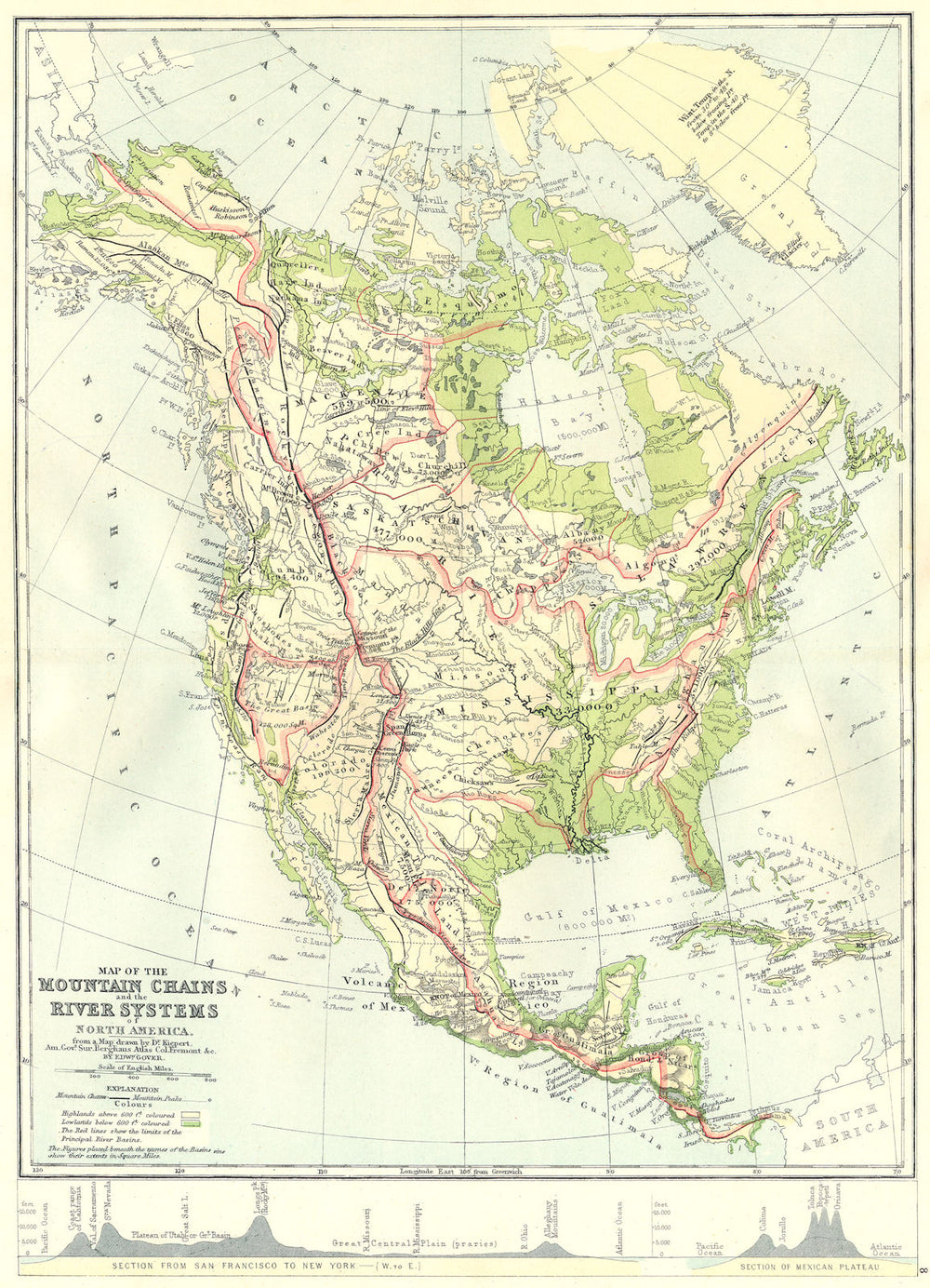 NORTH AMERICA. Map Mountain Chains & river systems of 1881 old antique