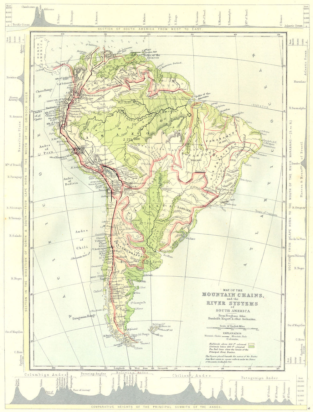 SOUTH AMERICA. Map Mountain Chains & river systems of 1881 old antique
