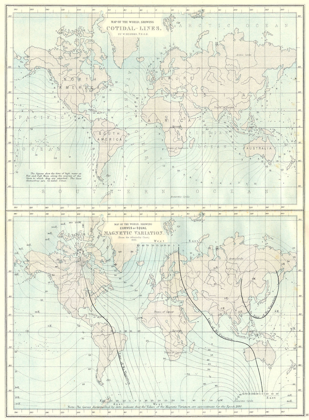 WORLD.Cotidal lines;curves of equal Magnetic variation(Admiralty chart) 1881 map
