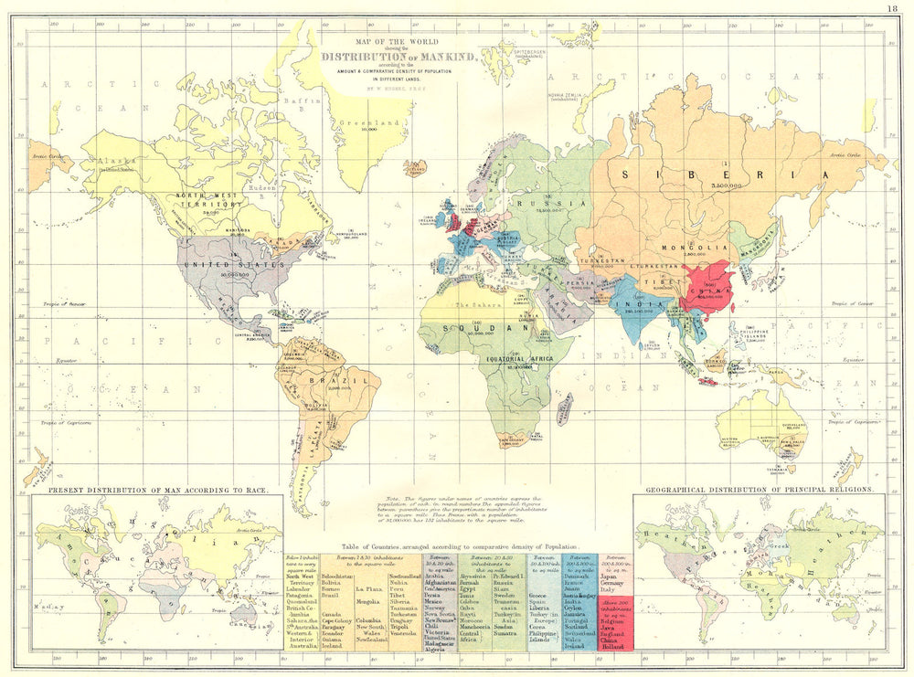 WORLD. population density; race; religion 1881 old antique map plan chart