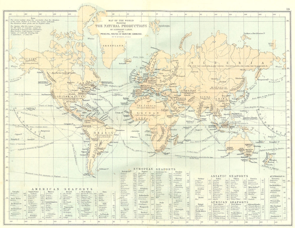 WORLD.Map natural production different lands main routes maritime commerce 1881