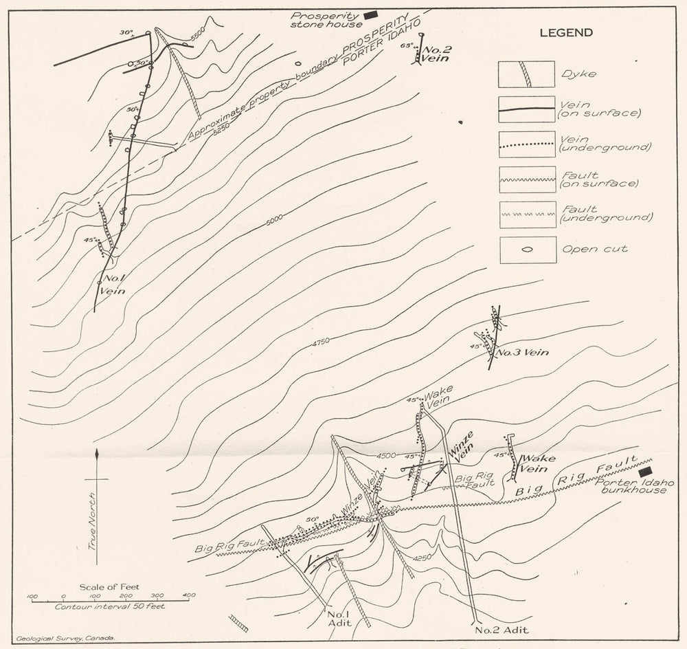 CANADA. Workings veins Porter Idaho & Prosperity groups. Mine Geology 1929 map