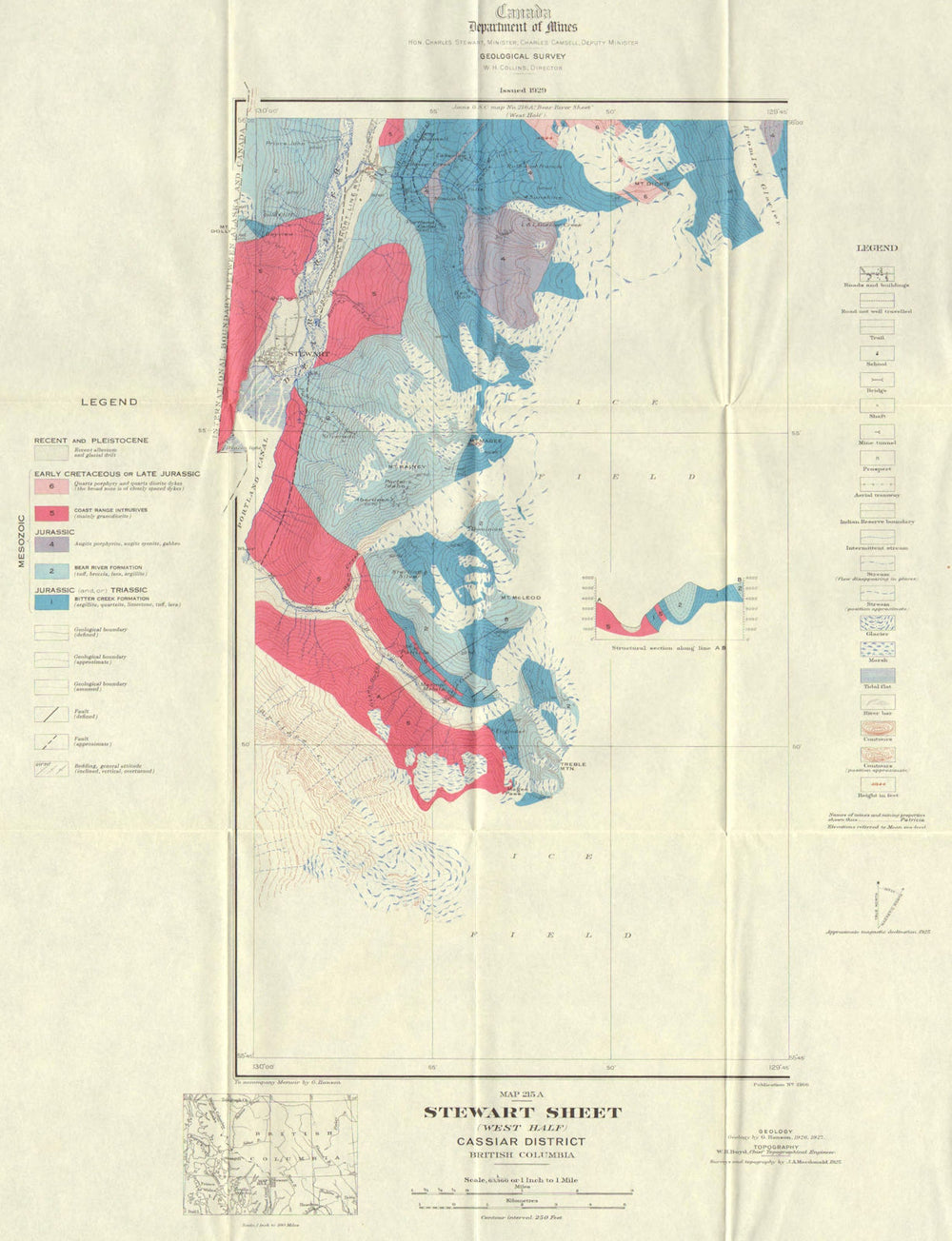 BRITISH COLUMBIA. Stewart sheet (west half) Cassiar district. Geology 1929 map