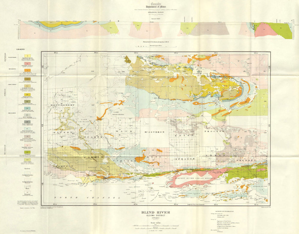 CANADA. Blind river Algoma district Ontario. Geology 1925 old vintage map