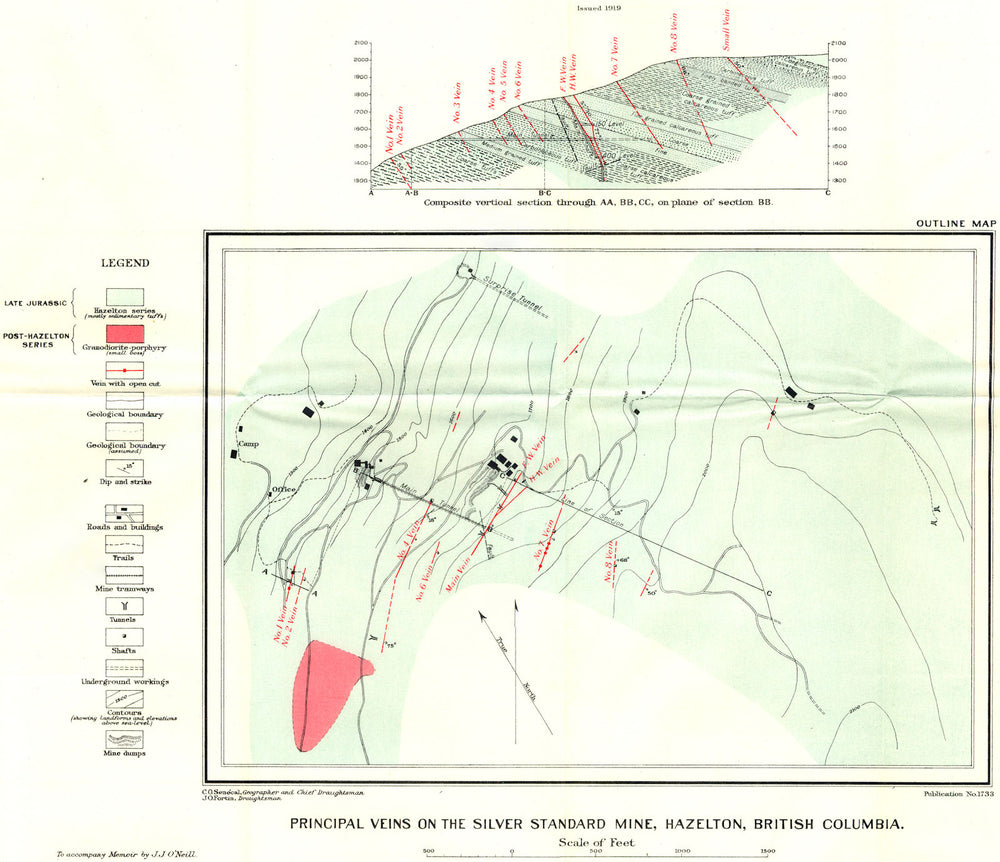 BRITISH COLUMBIA. Main Veins silver standard mine, Hazelton. Geological 1919 map