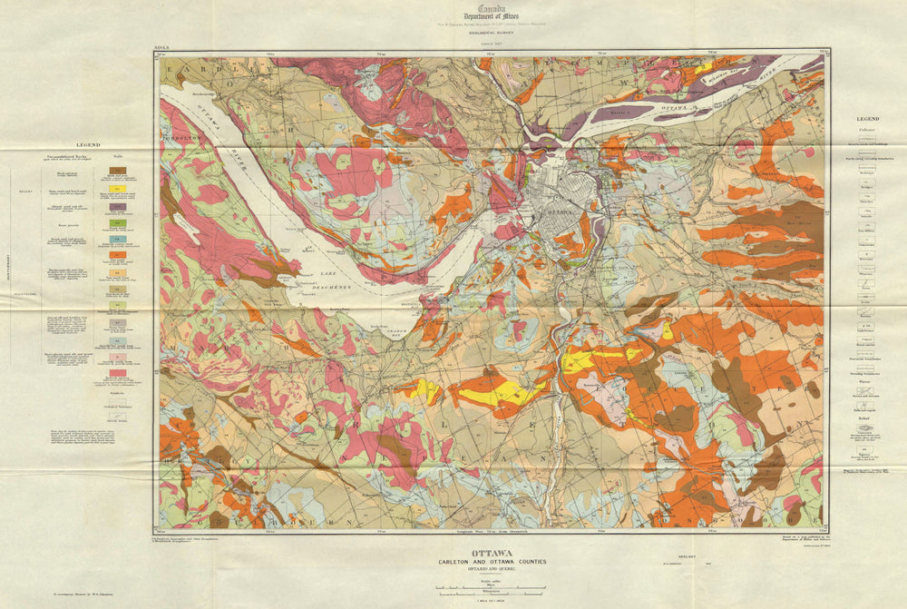 OTTAWA. Ottawa Carleton and Ottawa counties Ontario Quebec. Geology 1917 map