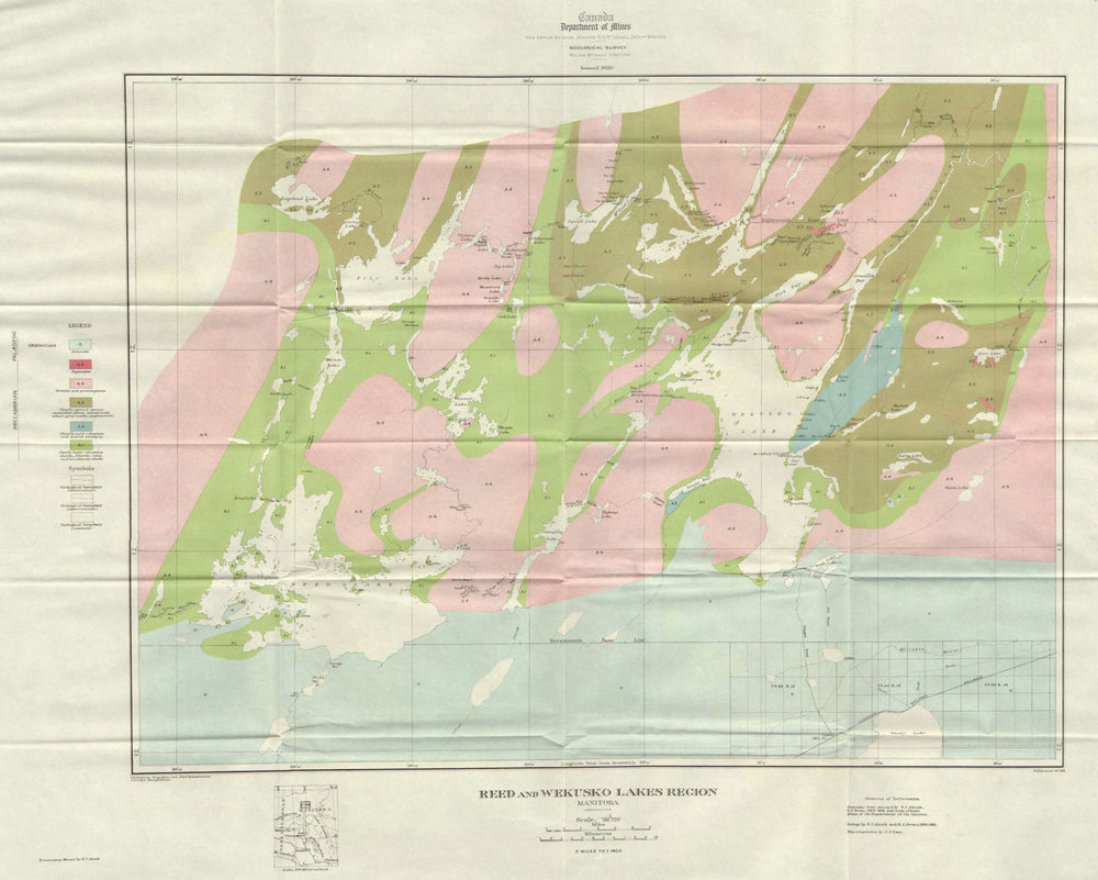 CANADA. Reed and Wekusko lakes region Manitoba. Geology 1920 old antique map
