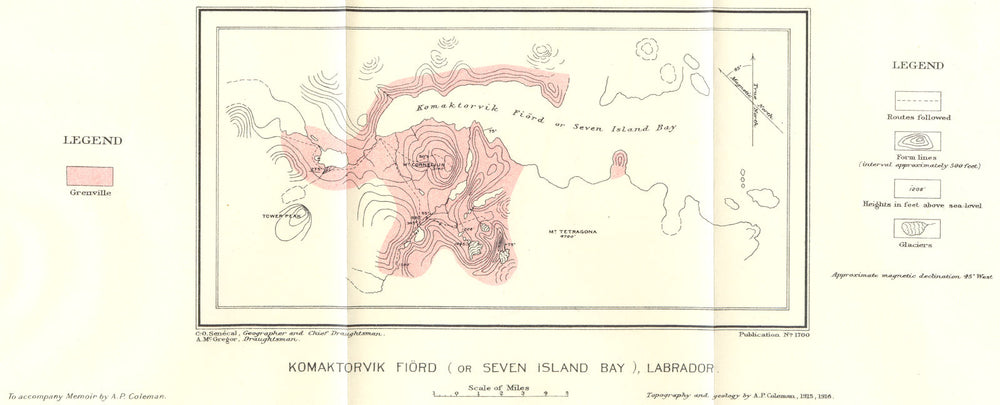 LABRADOR CANADA. Komartorvik Fiord (or Seven Island Bay). Geological 1921 map