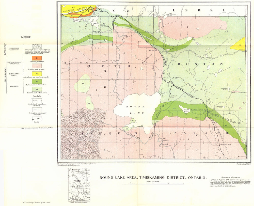 CANADA. Round lake area, Timiskaming district, Ontario. Geological 1922 map