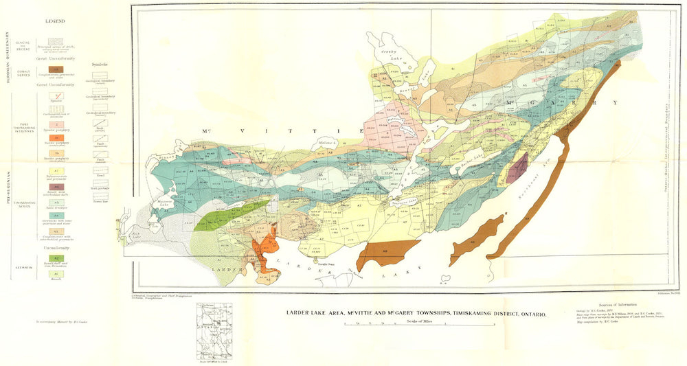 ONTARIO. Larder lake, McVittie McGarry townships, Timiskaming. Geology 1922 map