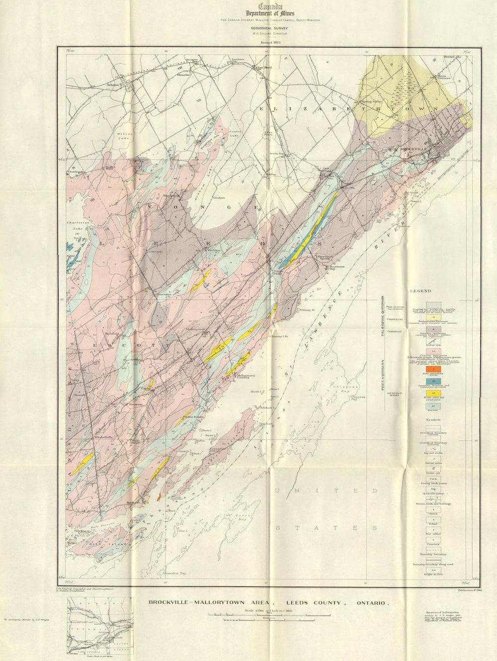 CANADA. Brockville-Mallorytown area, Leeds county, Ontario. Geology 1923 map