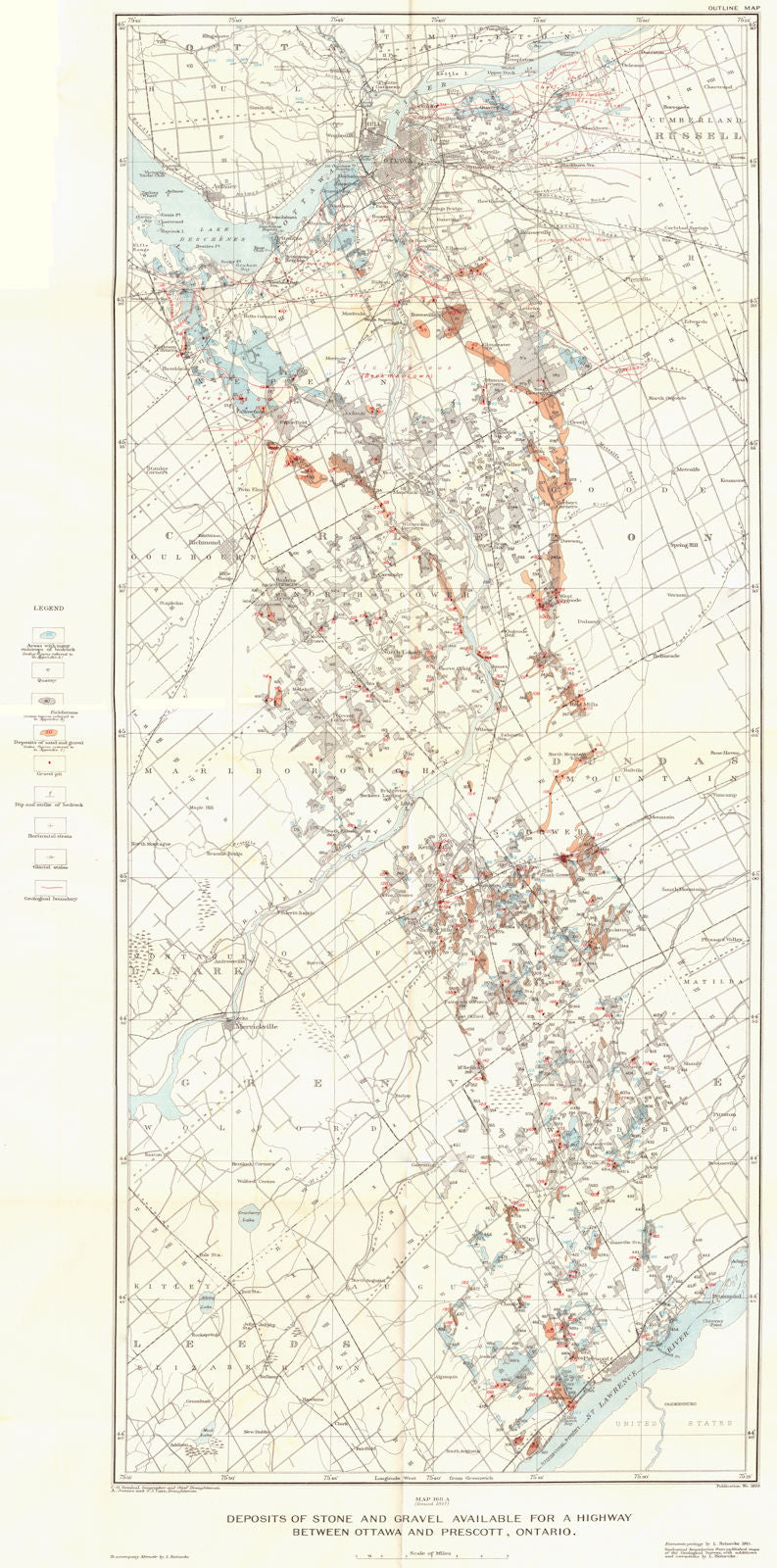 CANADA. Deposits Stone Gravel available highway Ottawa Prescott,Ontario 1917 map