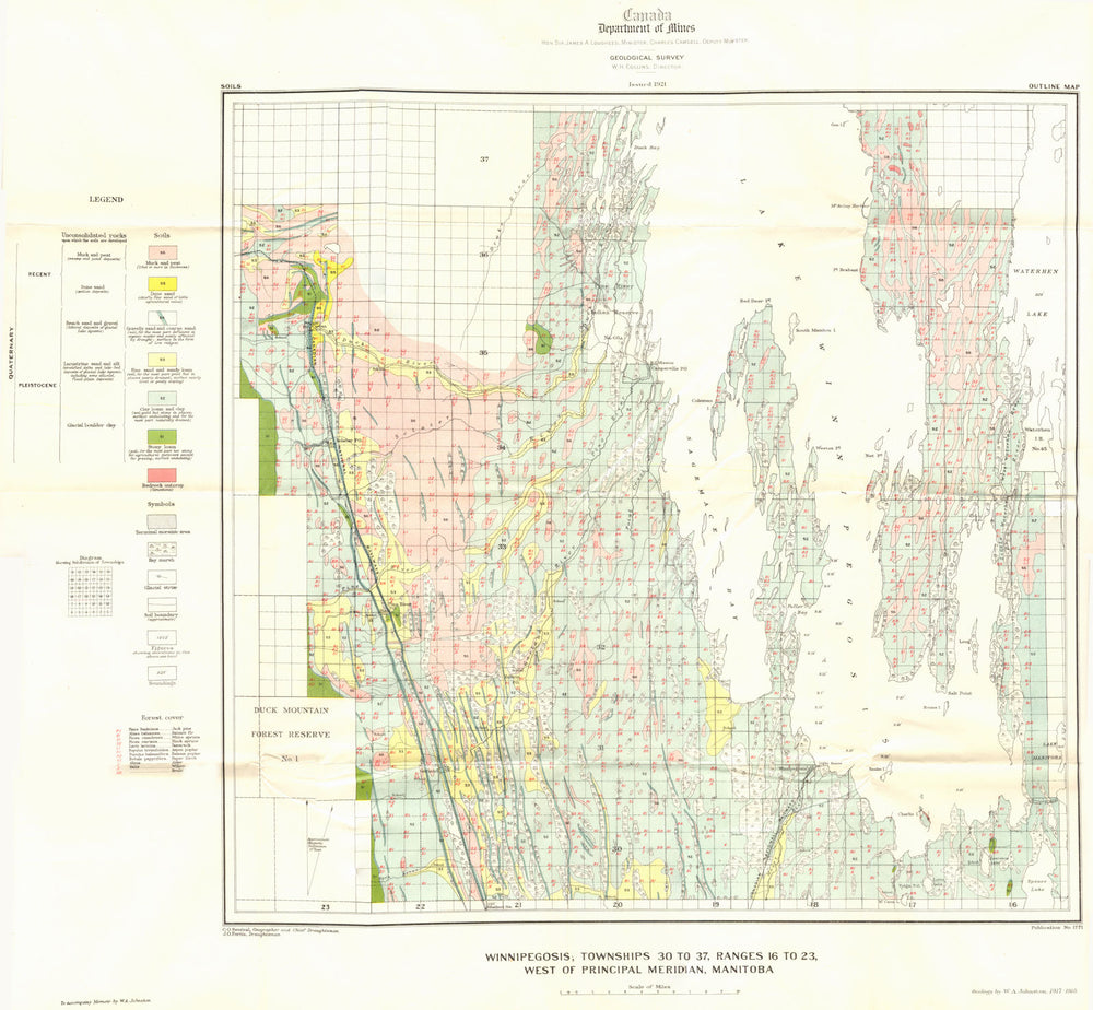 MANITOBA.Winnipegosis,townships 30-37,ranges 16-23 Geological 1921 old map