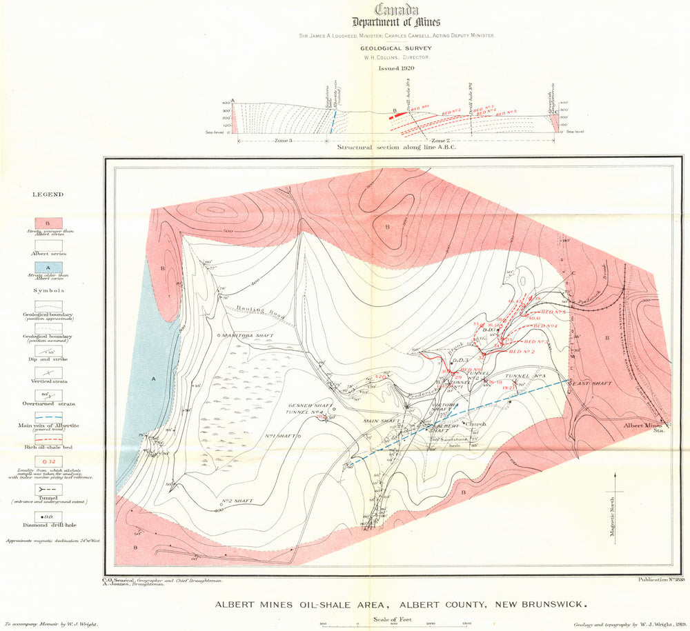 CANADA. Albert mines oil-shale area Albert county New Brunswick Geology 1922 map