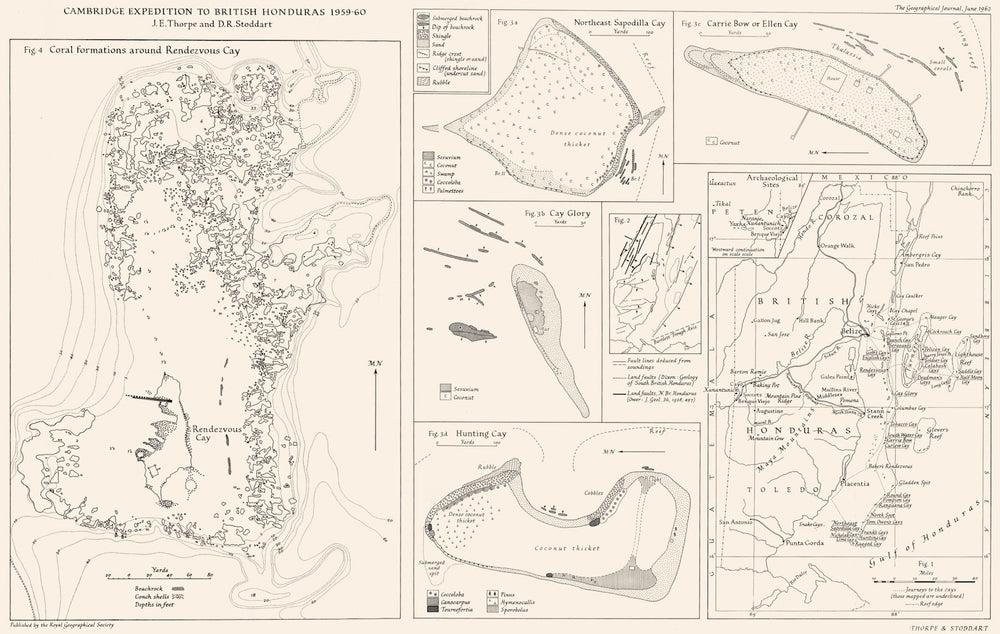 BELIZE. Cambridge Expdn; Gulf Honduras; Sapodilla Ellen Rendezvous Cay 1962 map