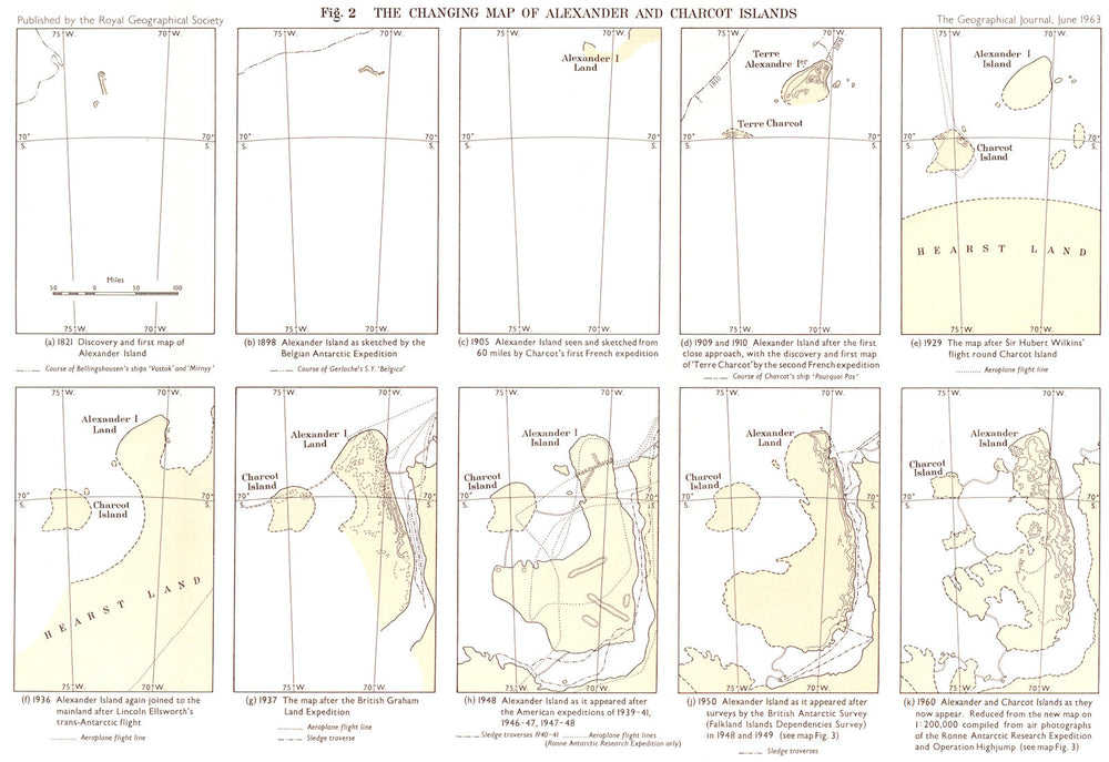 ANTARCTIC. Changing map of Alexander & Charcot Islands 1821-1960. RGS map 1963