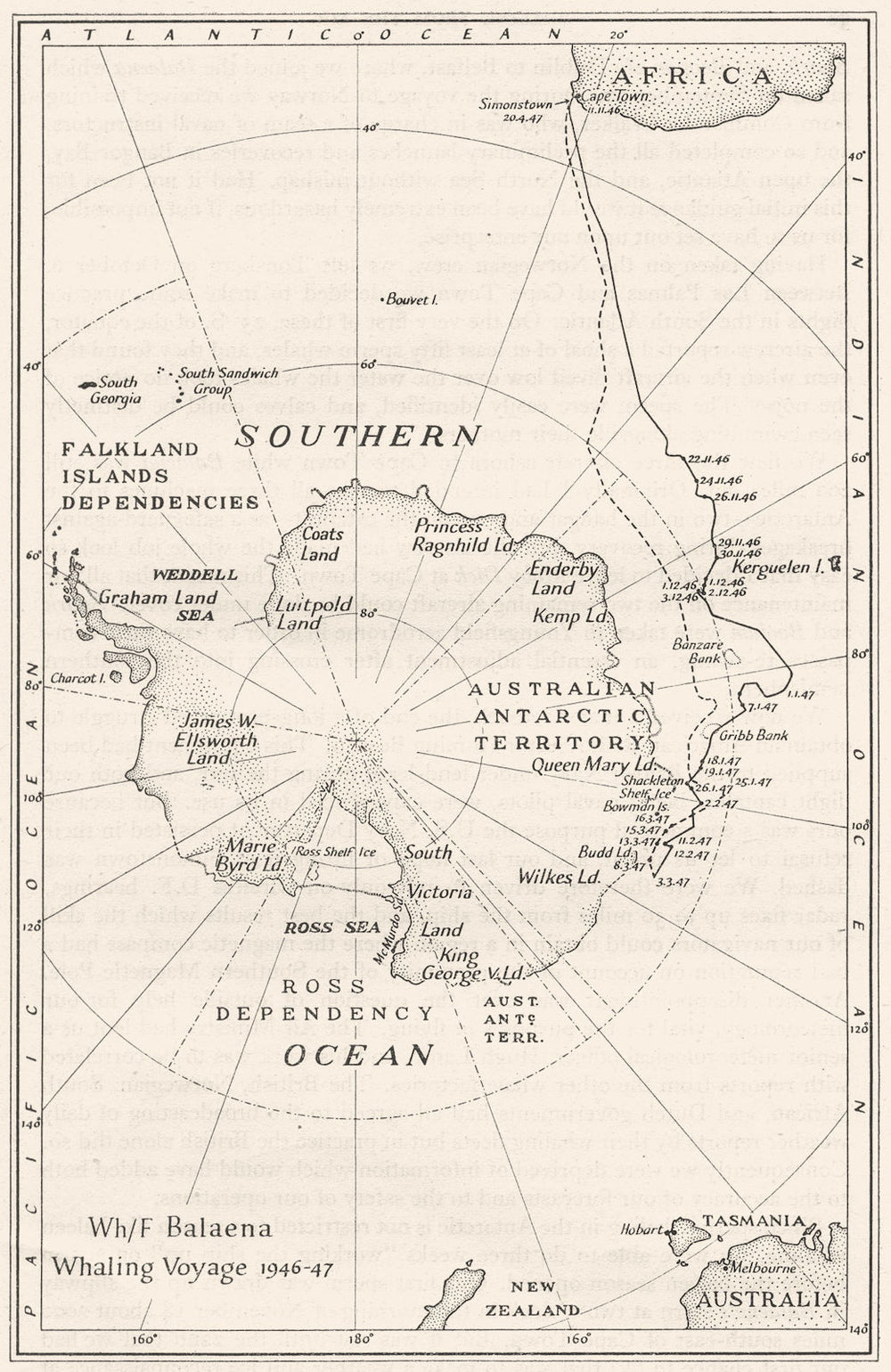 ANTARCTIC. Balaena Whaling voyage 1946-47 route South Africa RGS Sketch map 1948