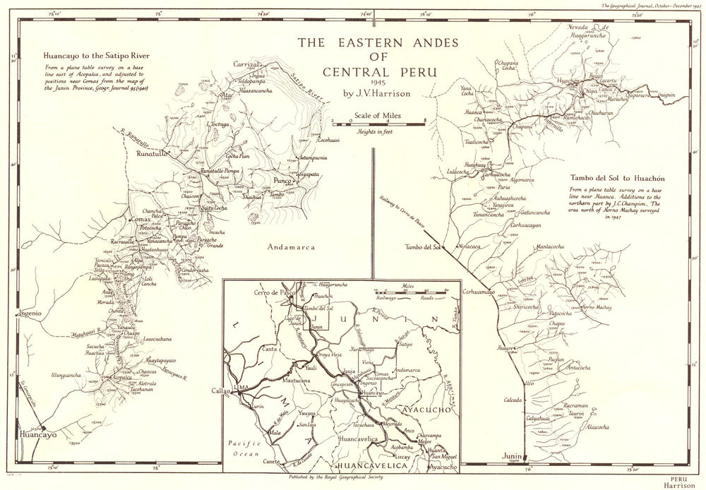 PERU. Eastern Andes 1945. Huancayo Satipo Tambo del Sol Haunchon. RGS map 1948