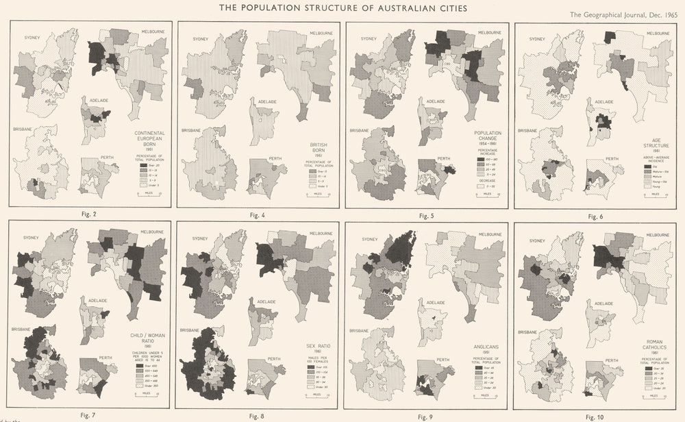 AUSTRALIA. Population structure cities. Sydney Melbourne Brisbane RGS map 1965