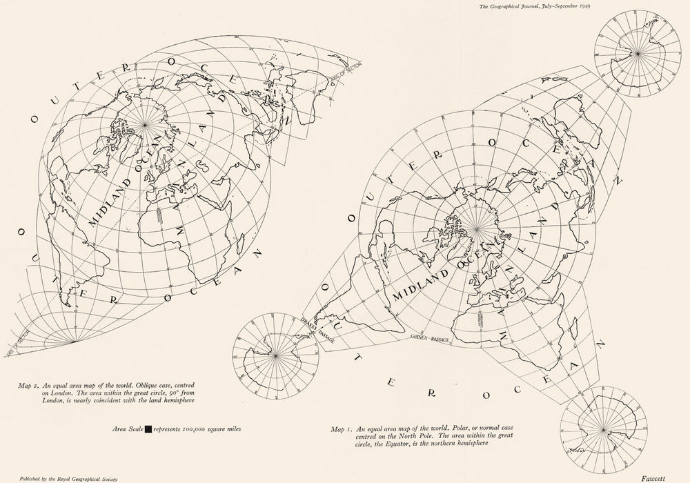 WORLD Equal area map.Polar case(North pole);Oblique(London)land hemisphere 1949
