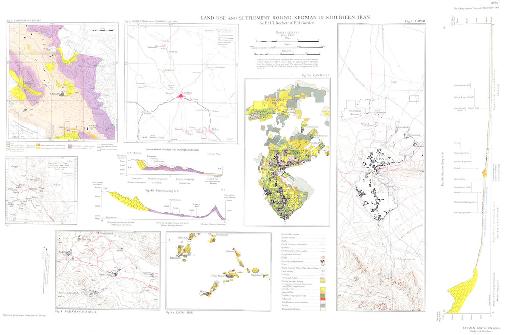 IRAN. Land use Kerman;Geology Relief;population comms;Badaman;Jupar RGS map 1949
