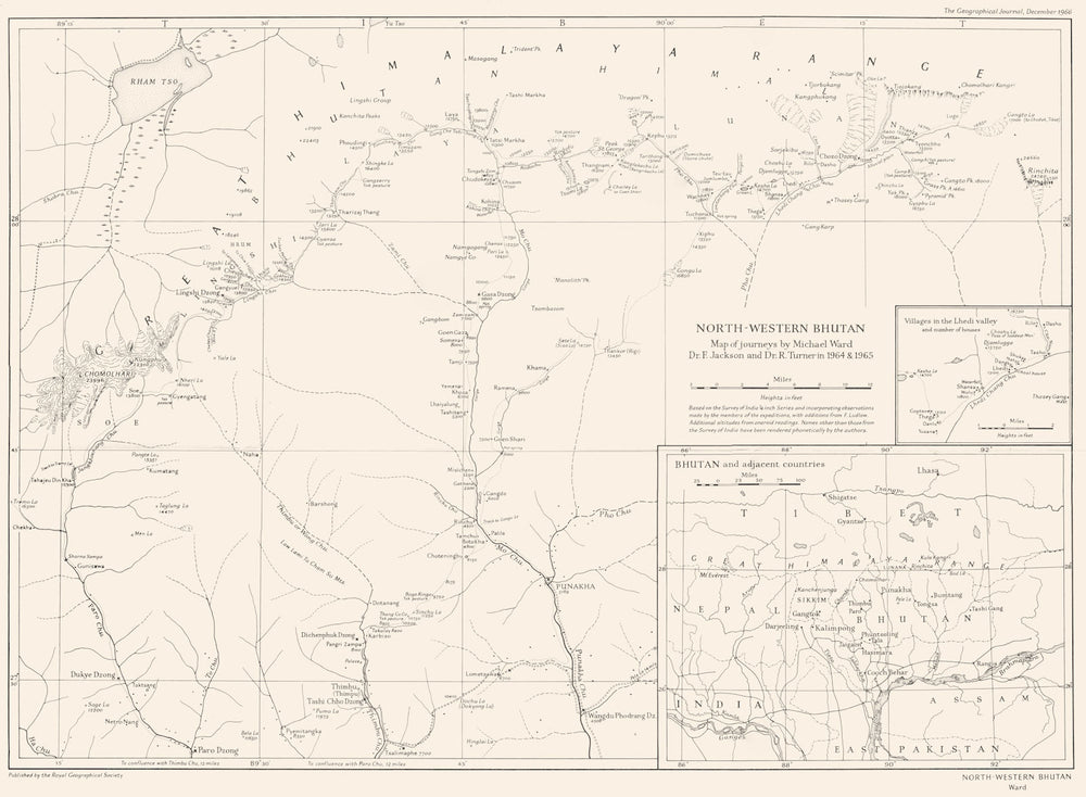 BHUTAN. NW Inset Villages Lhedi valley; Ward Jackson Turner 1964-65 RGS map 1966