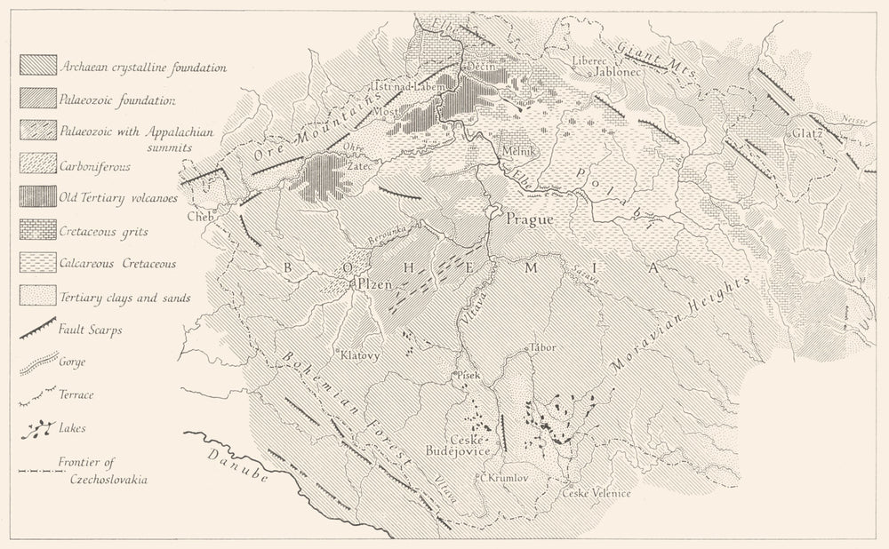 CZECH REP. Geomorphological structure of Bohemia.  Emm de Martonne. RGS map 1966