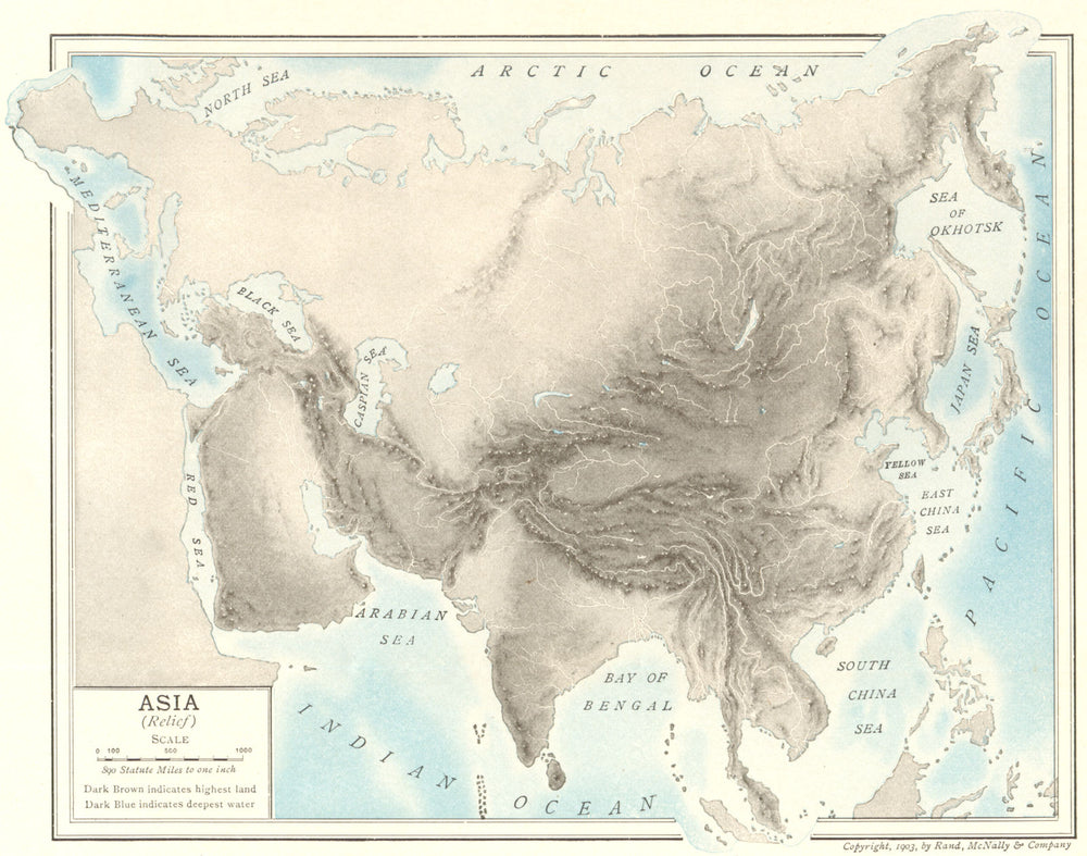 ASIA PHYSICAL. Relief map. Rivers 1907 old antique vintage plan chart