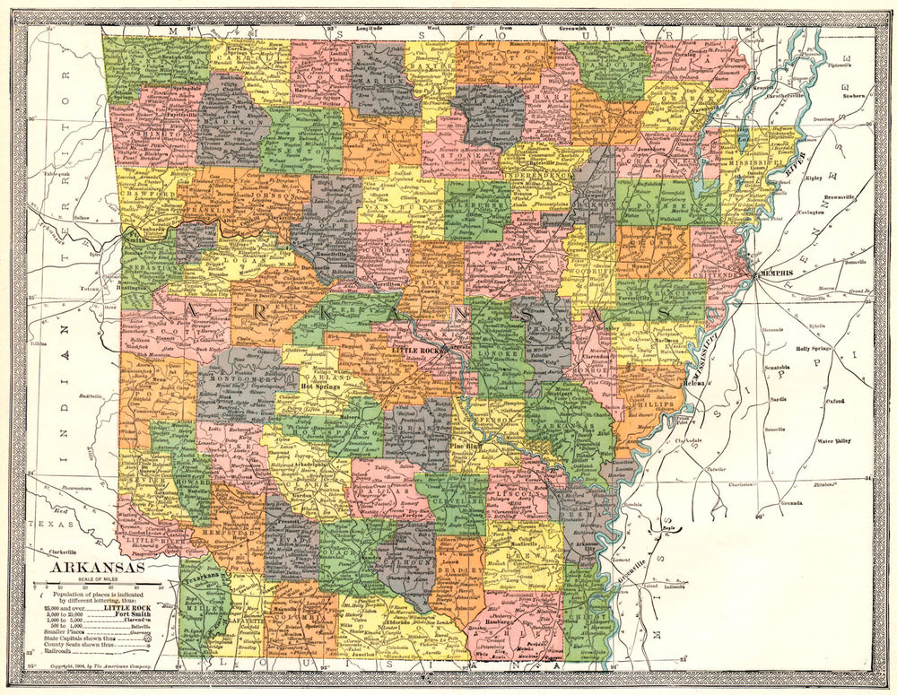 ARKANSAS state map. Counties 1907 old antique vintage plan chart