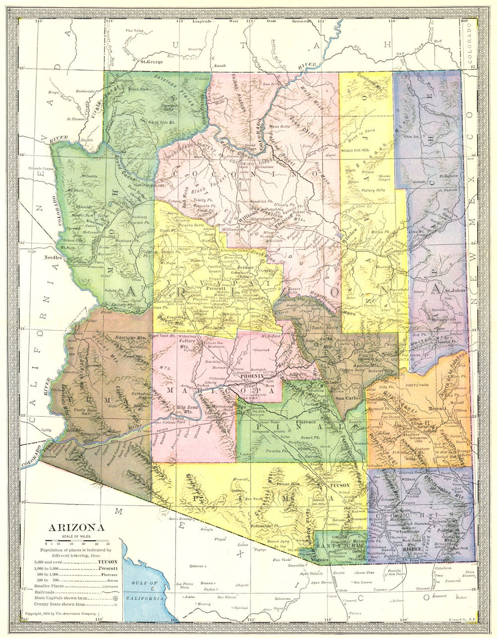 ARIZONA state map. Counties 1907 old antique vintage plan chart
