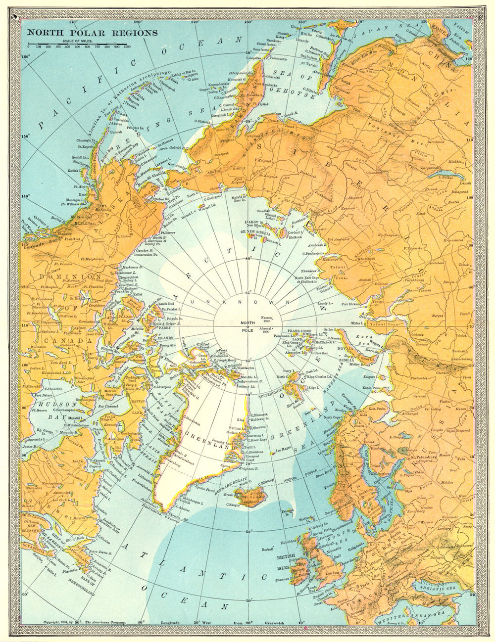 ARCTIC. North Polar region. Explorers' positions. Peary Nansen Abruzzi 1907 map