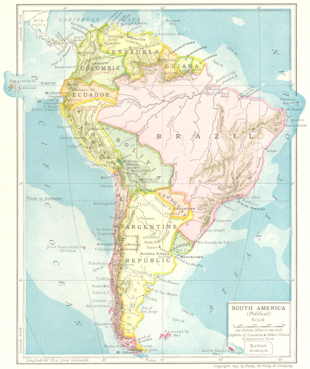 South America (Political). Guiana Brazil Bolivia Argentine Republic 1907 map