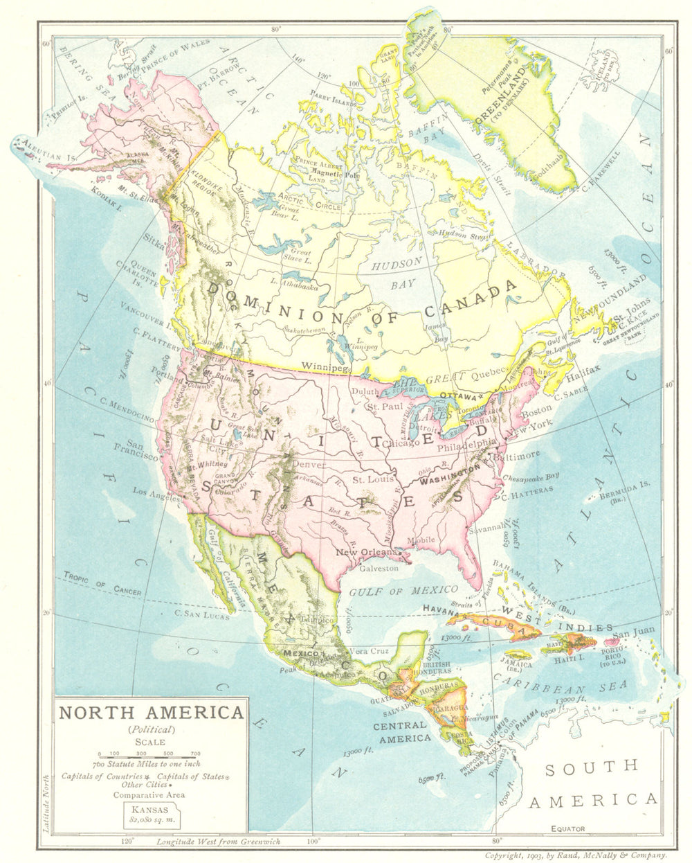 North America (Political). United States Dominion of Canada Meixco 1907 map