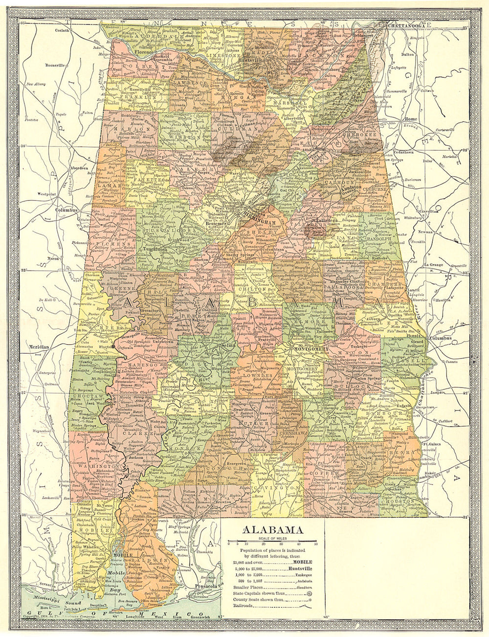 ALABAMA state map. Counties 1907 old antique vintage plan chart