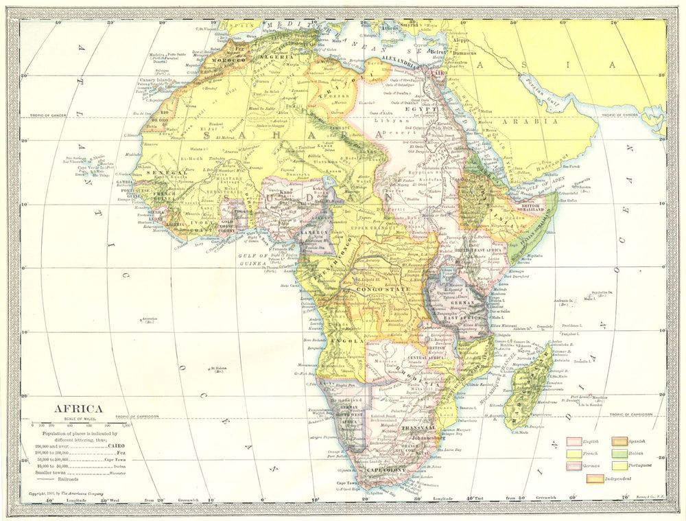 COLONIAL AFRICA. Rhodesia British East Africa French Sudan Congo State 1907 map