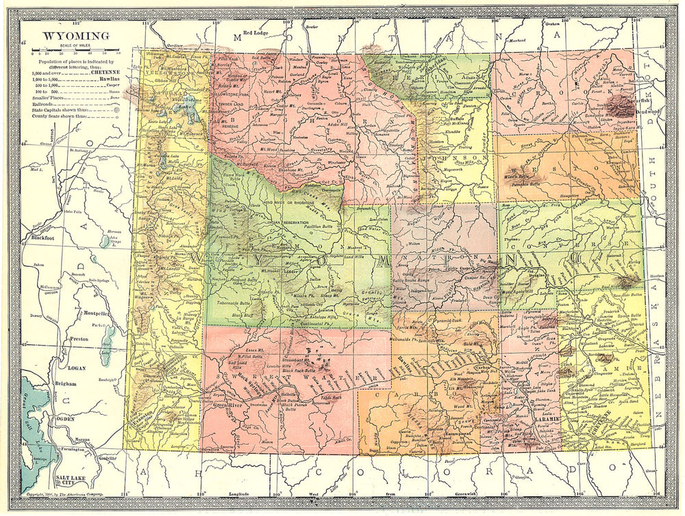WYOMING state map. Counties 1907 old antique vintage plan chart