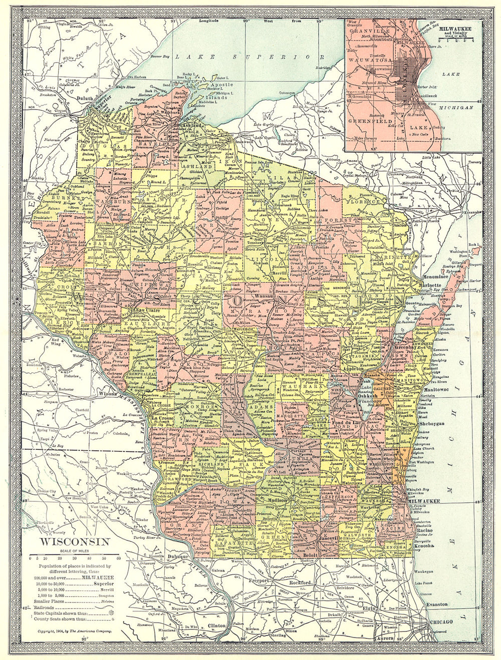 WISCONSIN state map. Counties. Inset Milwaukee environs 1907 old antique