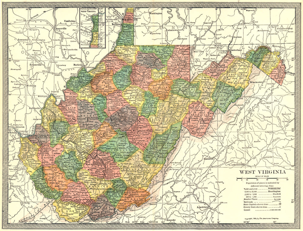 WEST VIRGINIA state map. Counties 1907 old antique vintage plan chart