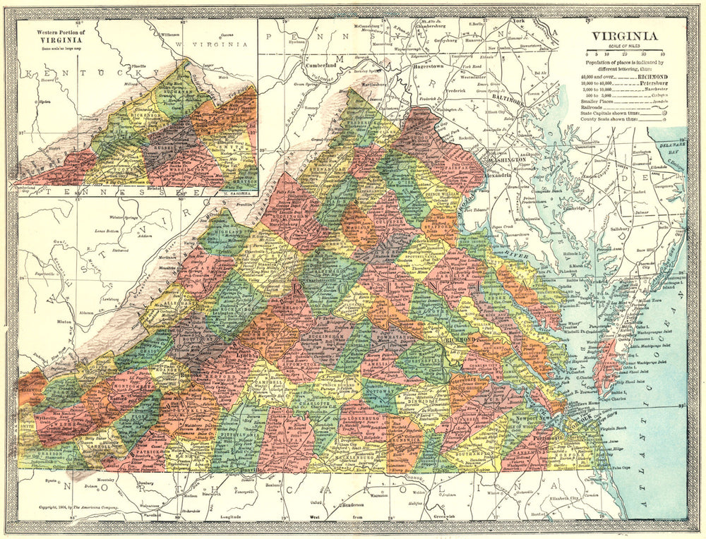 VIRGINIA state map. Counties 1907 old antique vintage plan chart