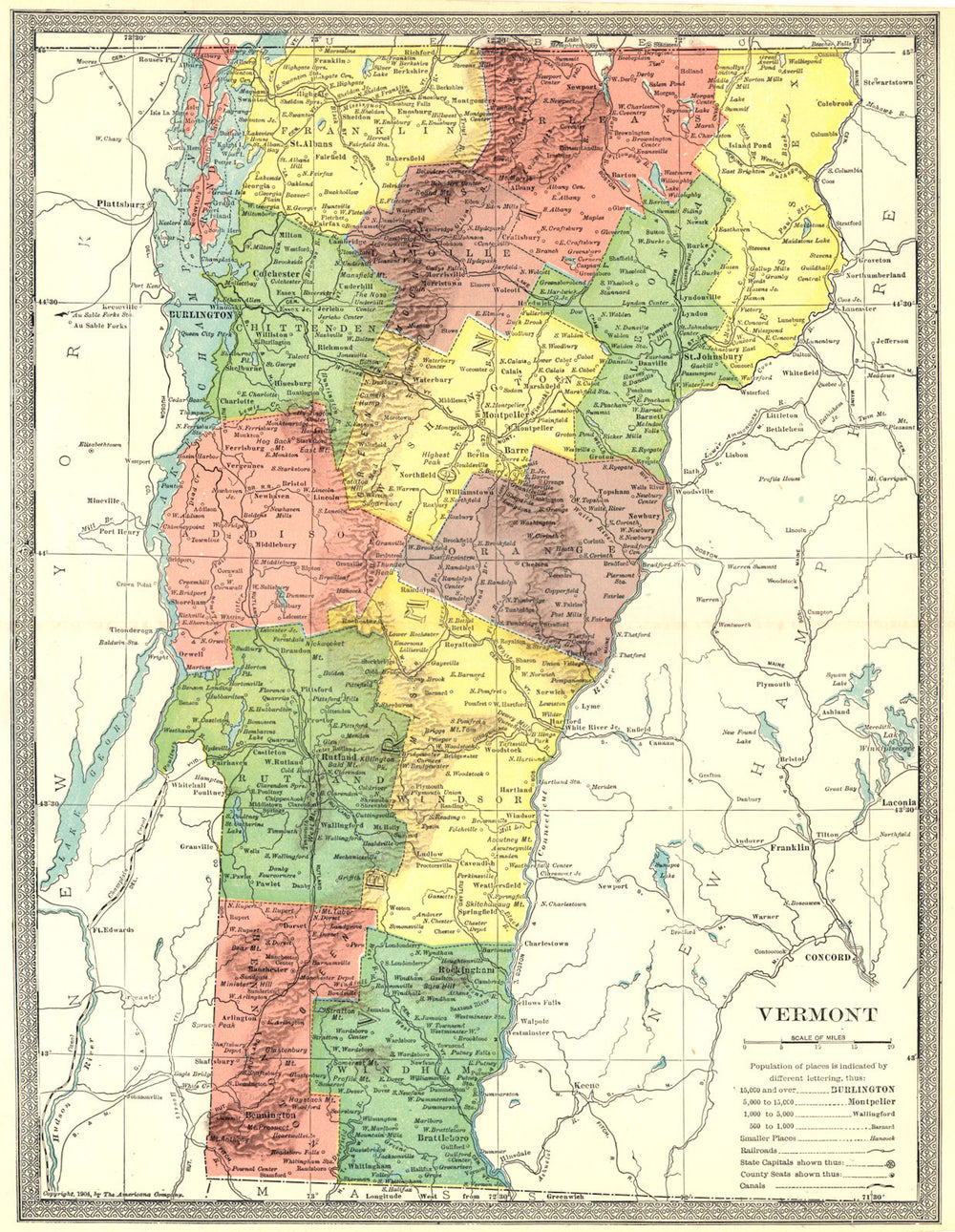 VERMONT state map. Counties 1907 old antique vintage plan chart