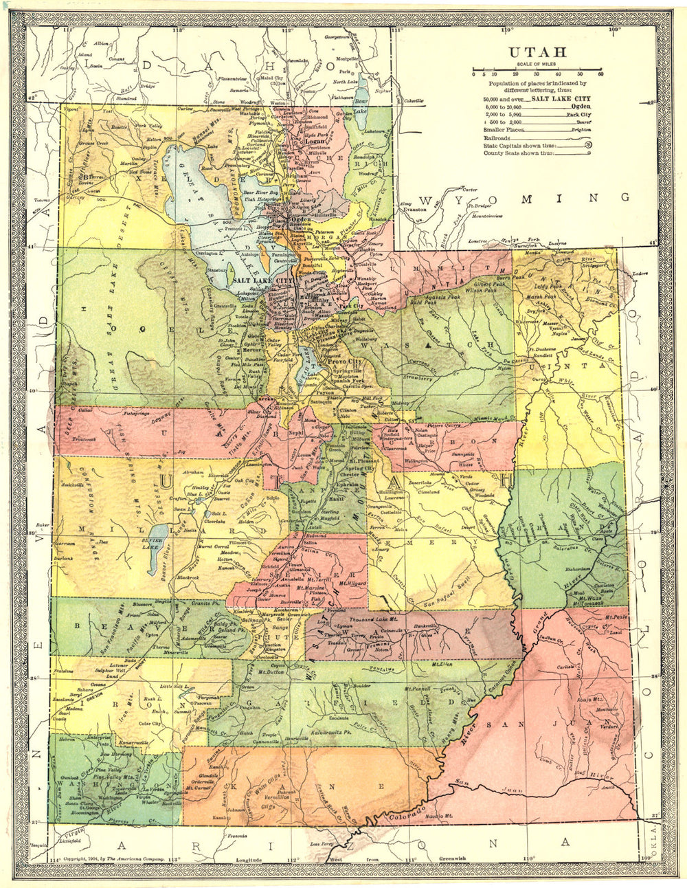 UTAH state map. Counties 1907 old antique vintage plan chart