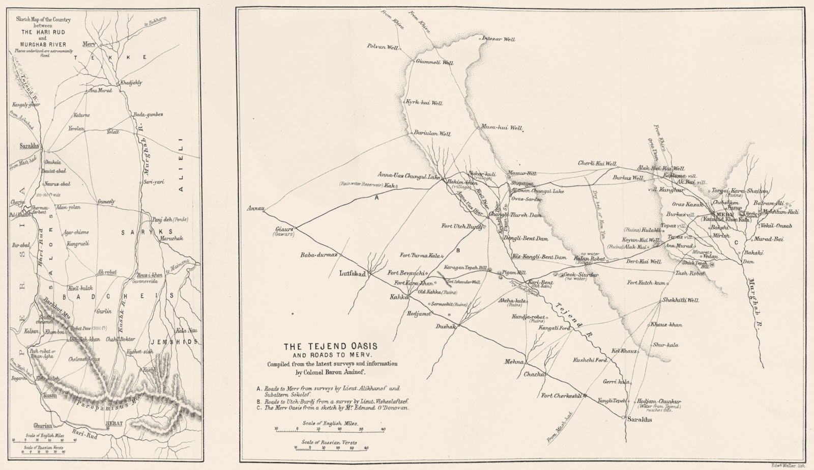 TURKMENISTAN. Tejen Oasis Merv; Hari Rud Murghab River. RGS map 1883 ...