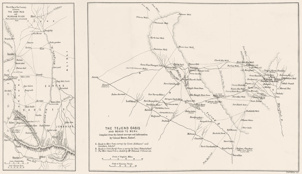 TURKMENISTAN. Tejen Oasis Merv; Hari Rud Murghab River. RGS map 1883 old