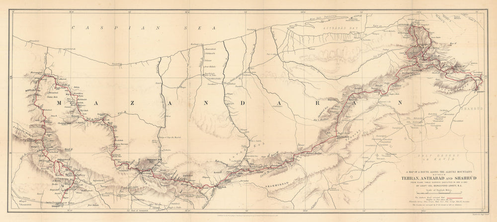 Alburz mountain route between Tehran, Astrabad & Shahrud. RGS/Lovett 1883 map