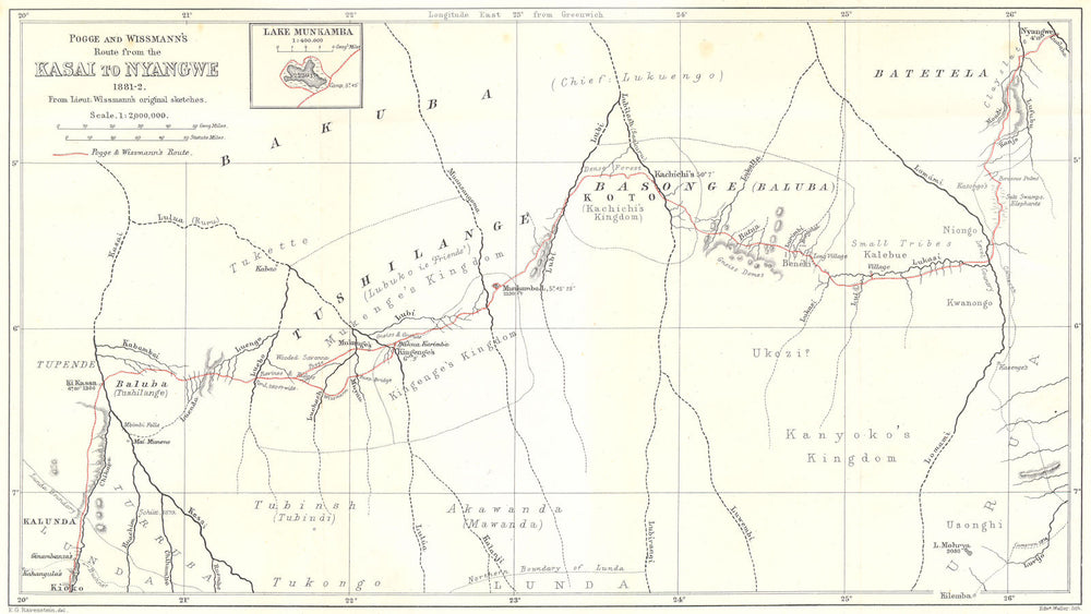 CONGO. Pogge Wissmann Kasai Nyangwe 1881-2; Inset Lake Munkamba. RGS map 1883