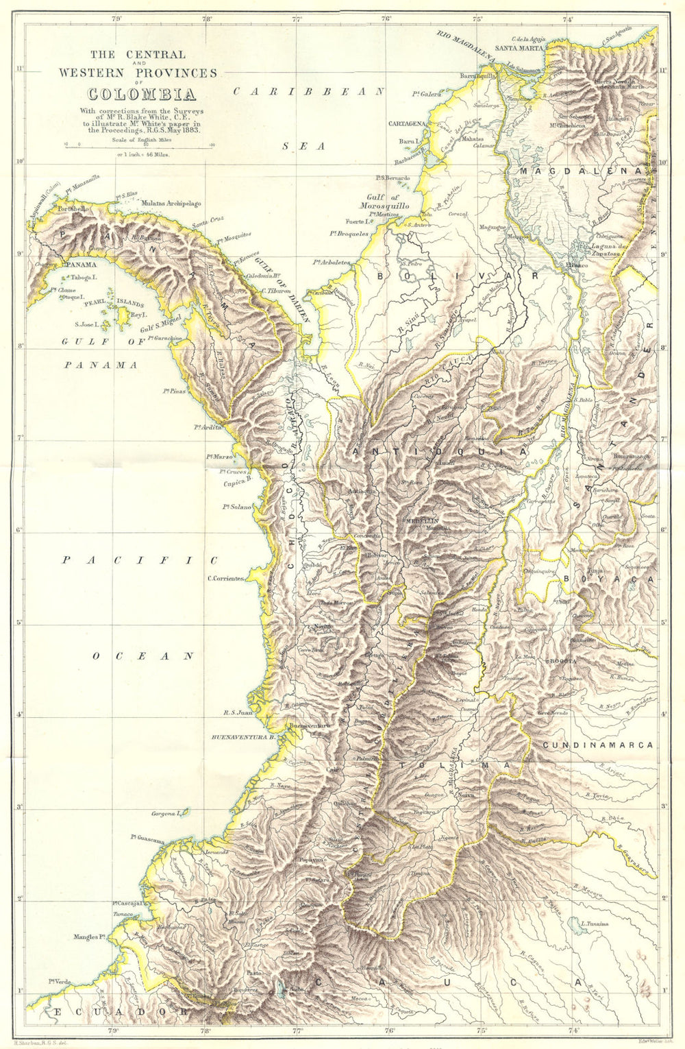 COLOMBIA. The central and Western provinces of Colombia. RGS map 1883 old
