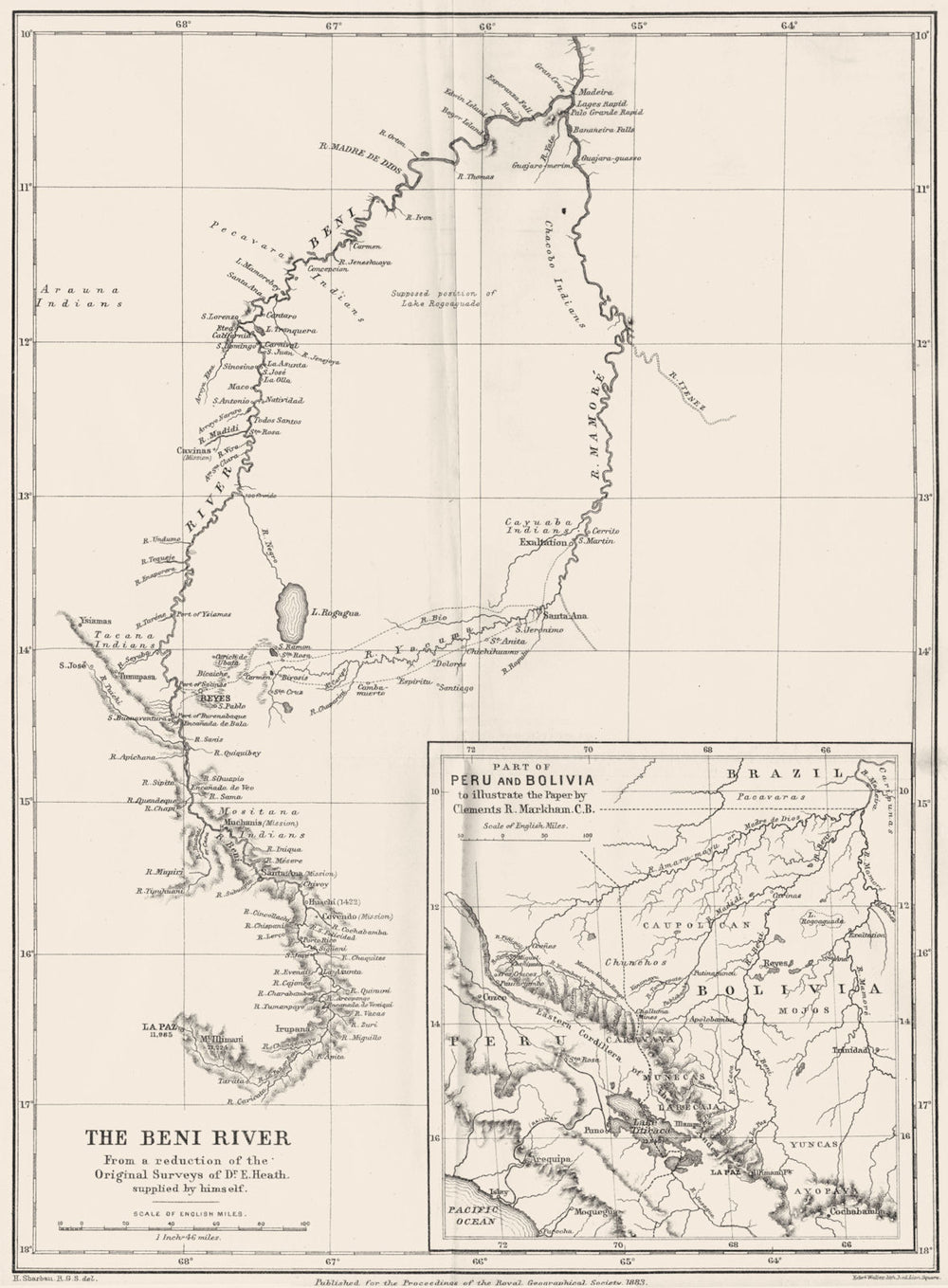 PERU. The Beni river; Inset map of Part of Peru and Bolivia. RGS map 1883